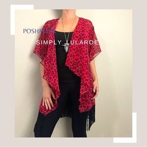 LuLaRoe crimson red lace Monroe kimono with tassel fringe